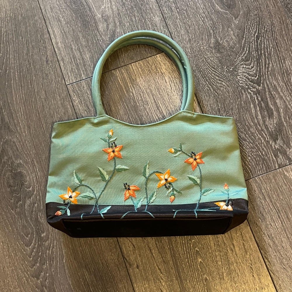 Floral Embroidered Green Silk with Beading Handbag by Ivy Handcrafts
